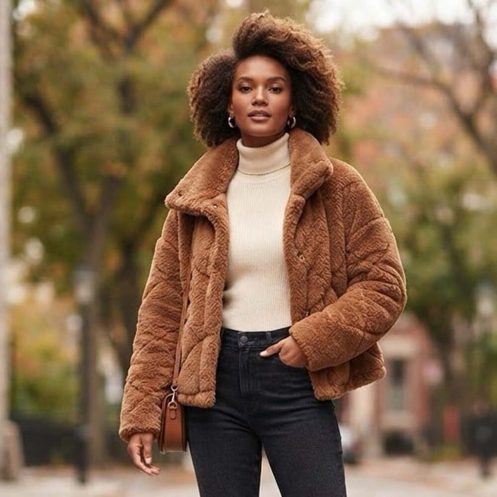 Kendall + Kylie Sz XS/S Brown Puffer Zip Up Teddy Bomber Jacket Cozy